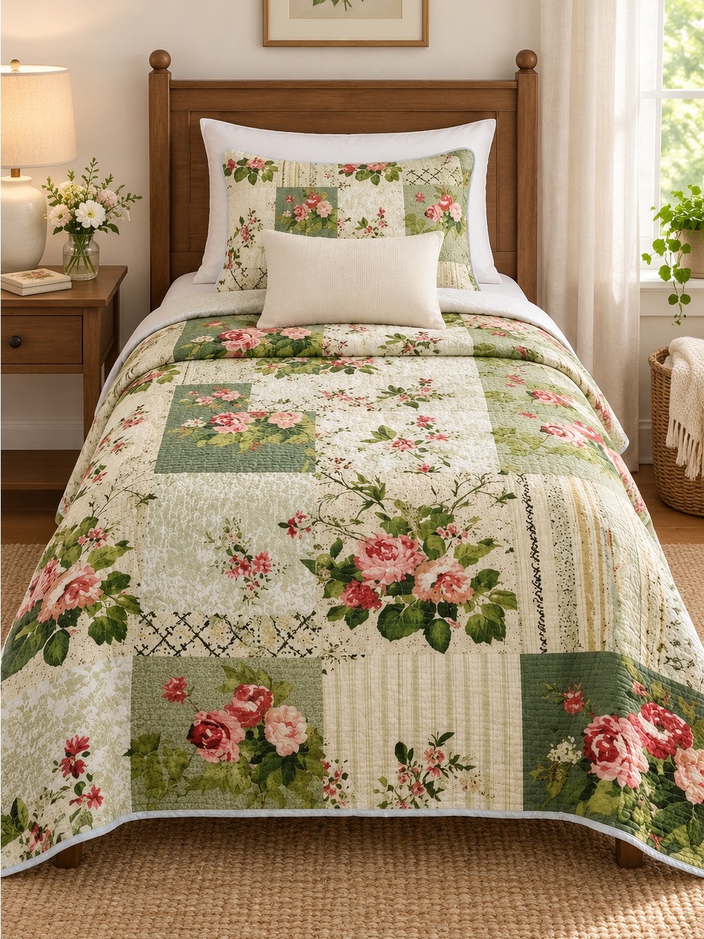 Floral Patchwork Cotton Quilt - with Sham Green Rose Pattern Twin 60x90